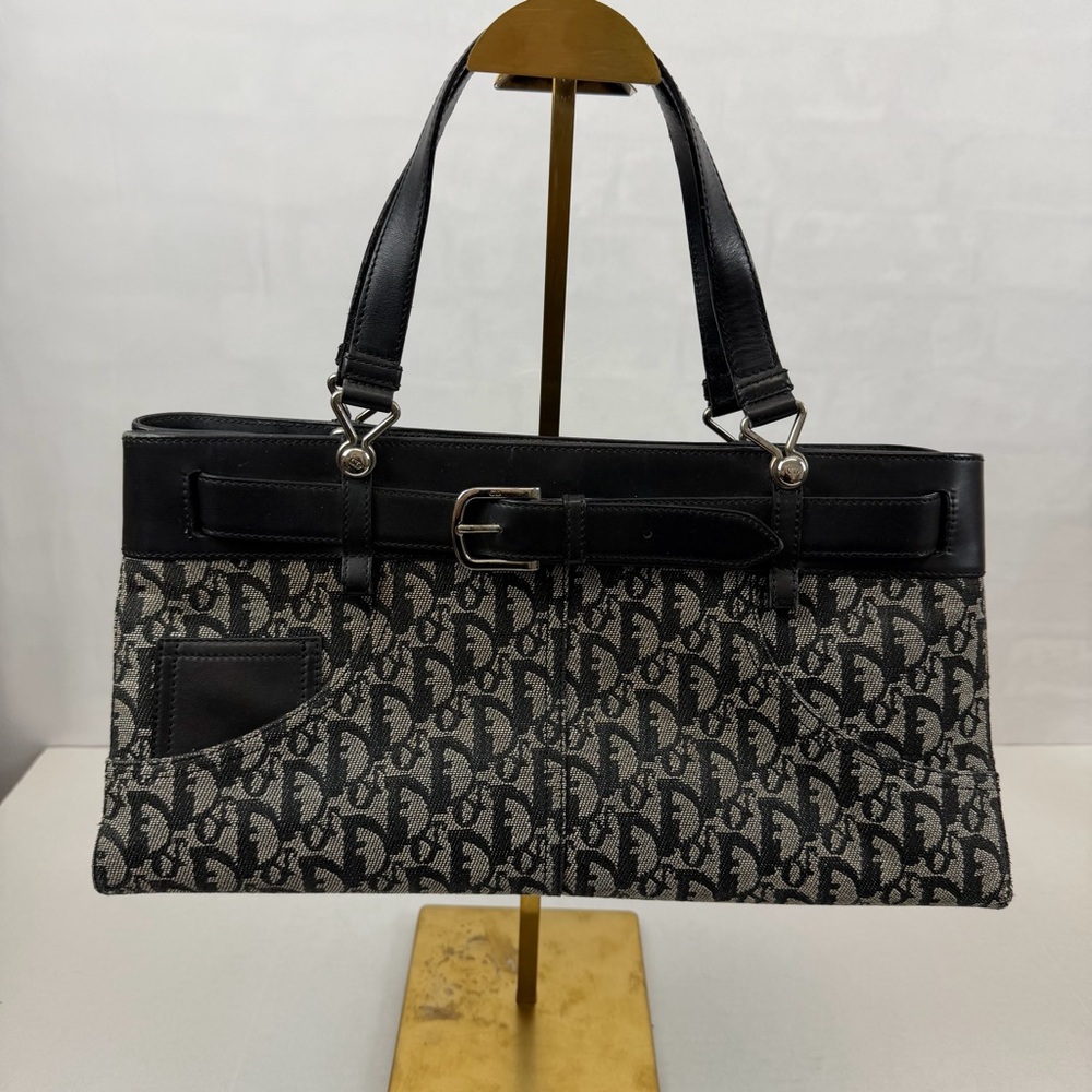 Christian Dior Trotter Canvas Logo Tote Bag Black‎ Leather Trim Vintage